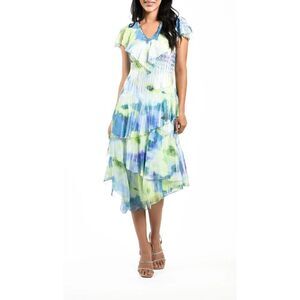 New $425 Komarov Flutter Sleeve Tiered Dress Size Large in Vivid Lime